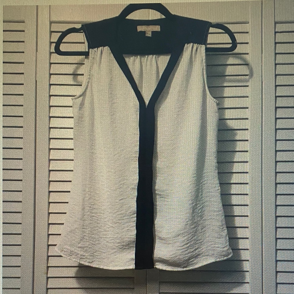 Sleeveless Two-Tone V-Neck Blouse - White with Black Trim